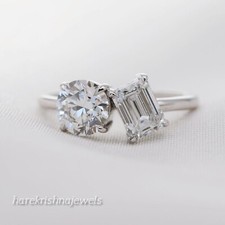 2CT Lab-Created Round  Emerald Cut Diamond 2-Stone Ring Gift 14K White Gold FN