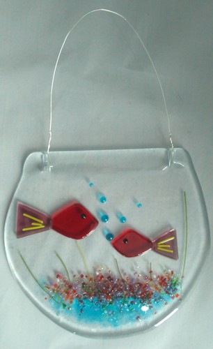 fish in a bowl made in fused glass for hanging yellow, red or your choice MTO - Picture 6 of 22