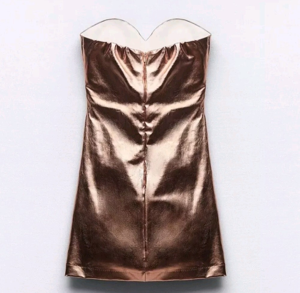 ZARA Strapless Metallic Mini Dress Rose Gold Bronze Sweetheart XS