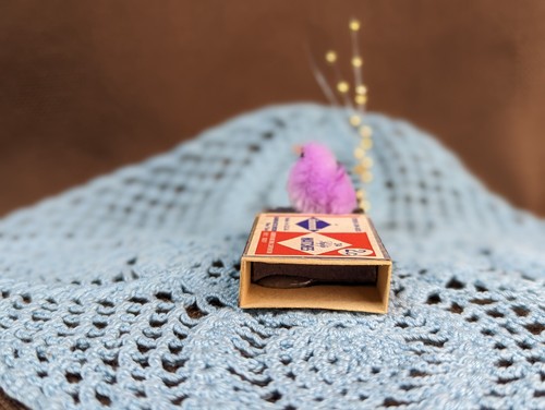 EASTER Decor Centerpiece Handmade with Purple Chick & Vintage Match Box matchbox - Picture 3 of 9