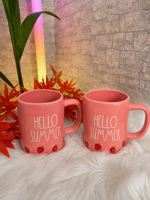 Rae Dunn Keramiktasse rosa 2er Set  HELLO SUMMER  Erdbeer-Motiv, Sommer