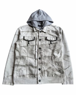 In The Attic 2000s Clasp Pocket Layer Hooded Marble Wash Denim Jacket Size: L