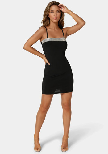 Bebe Women's Slip Dress S Mini Strappy Black Silver Metal Rhinestone Trim