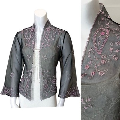 Vintage y2k SHEER ORGANZA BEADED TOP w BELL SLEEVES M Festival Fairy Whimsigoth
