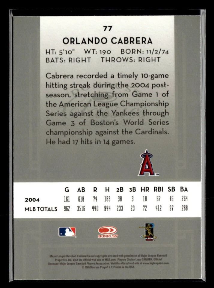 2005 Donruss Classics #77 Orlando Cabrera Card Anaheim Angels - Image 2 of 2