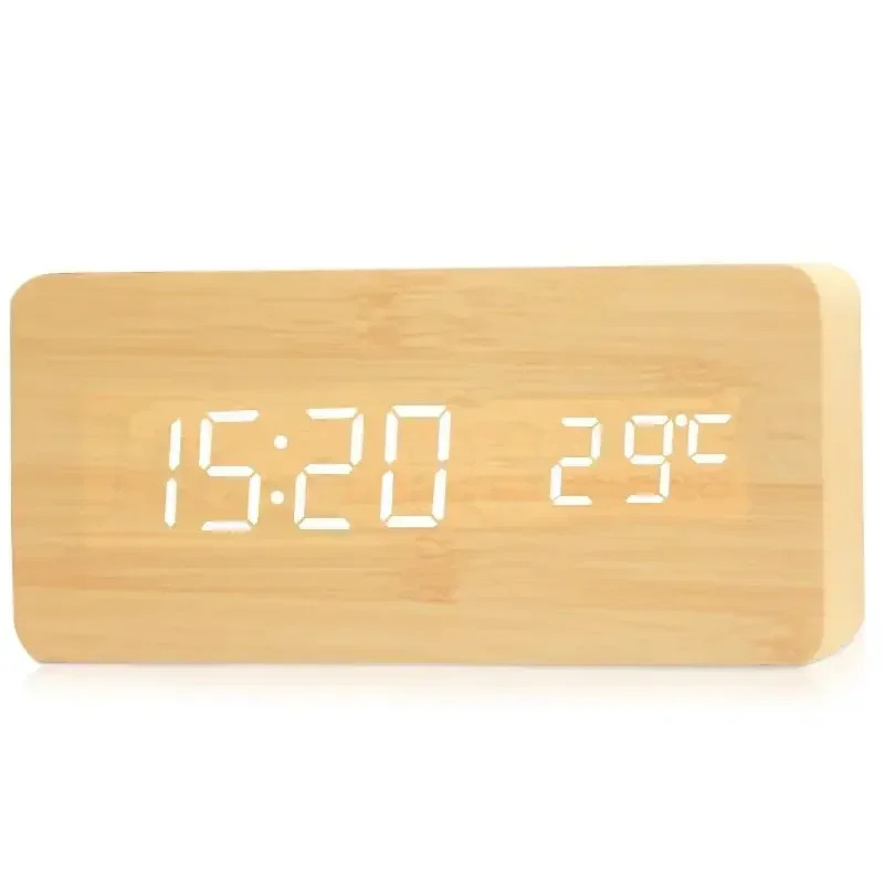 Modern Wooden Wood Digital LED Desk Alarm Clock Thermometer Qi Wireless Charger