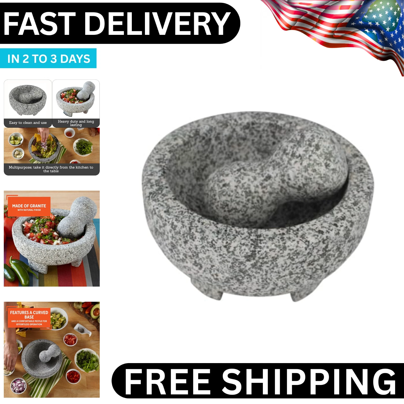 Vintage Granite Stone Mortar and Pestle Molcajete Mexican Salsa Bowl 6 Inch USA