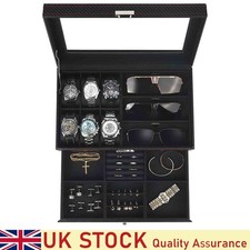 Watch Jewellery Box Organiser, Watch And Sunglasses Storage W/ Large Glass Lid