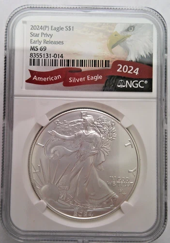 2024 AMERICAN SILVER EAGLE DOLLAR 1 OZ NGC MS69 ER W STAR PRIVY X2
