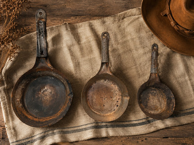 Primitive Cowboy Pan Set of Three Vintage Rustic Ranch Kitchen Decor