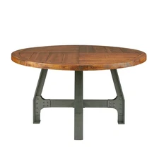 Lancaster round dining table, amber wood veneer, solid wood frame, metal stand