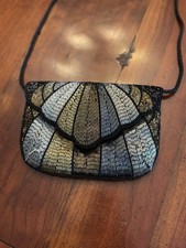 Vintage Beaded Sequin Black Gold Silver Clutch Purse Evening Bag Flapper 50  s