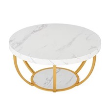 Modern Round Coffee Table, 2-Tier Circle Center Table with Faux White Marble