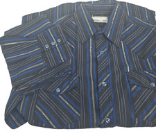 VTG Wrangler Mens Black/Blue Striped Pearl Snap Western Shirt Silver Accents