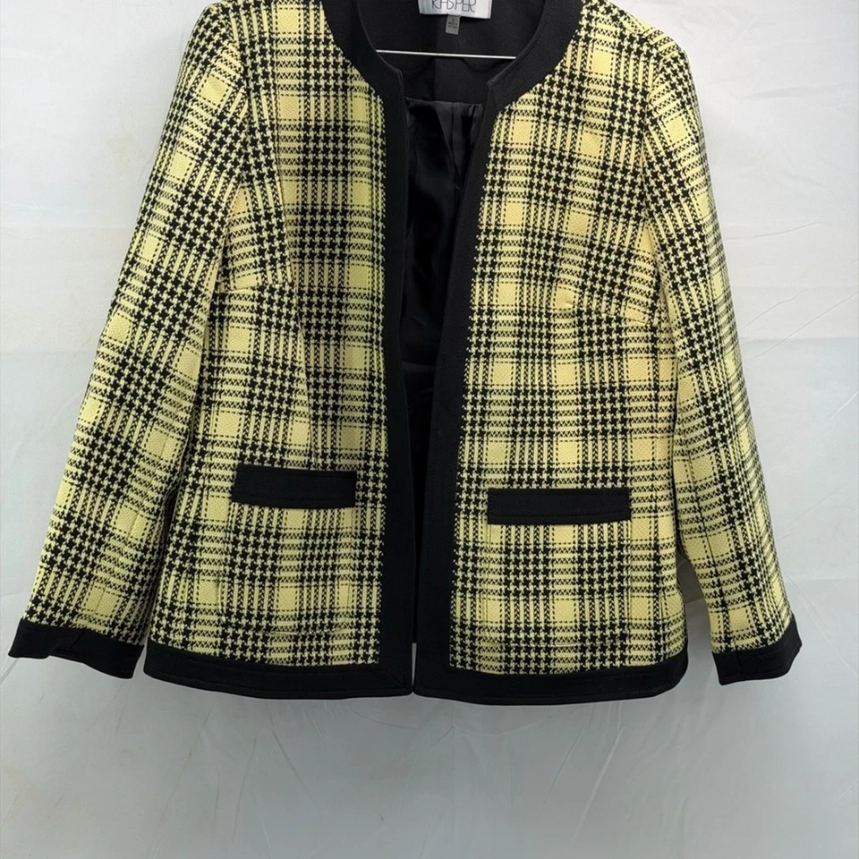 Chaqueta a cuadros Kasper para mujer 6 sin cerrar amarilla y negra con bolsillos delanteros Foto 2 de 4