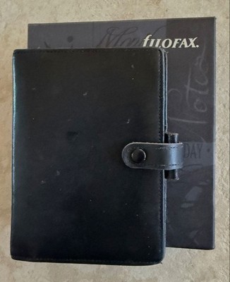 Filofax Vintage Pocket Size 6-Hole Black Leather Organizer Cover With Box Used