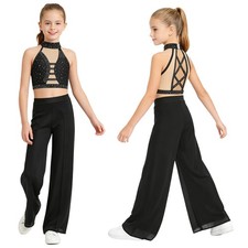 Kids Girls Outfit Costume 2-Piece Halter Lyrical Dance Sparkle Wide Leg Ballet