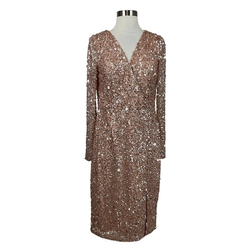 Adrianna Papell Cocktail Dress Size 10 Rose Gold Sequined Long Sleeve Sheath