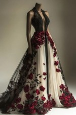 Vintage Gothic Victorian Prom Dress High Neck 3D Floral Applique A-line Wedding