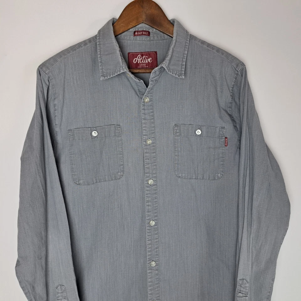 Camisa Active Ride Shop Para Hombre Grande Gris Cambray Botón Delantero L/S 2 Bolsillos Patín Foto 2 de 4