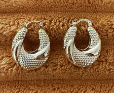 GoldTone Textured Oval Hoop Earrings Snap Clo...