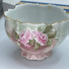 Antique Limoges France porcelain footed bowl pink floral design. Gold trim.