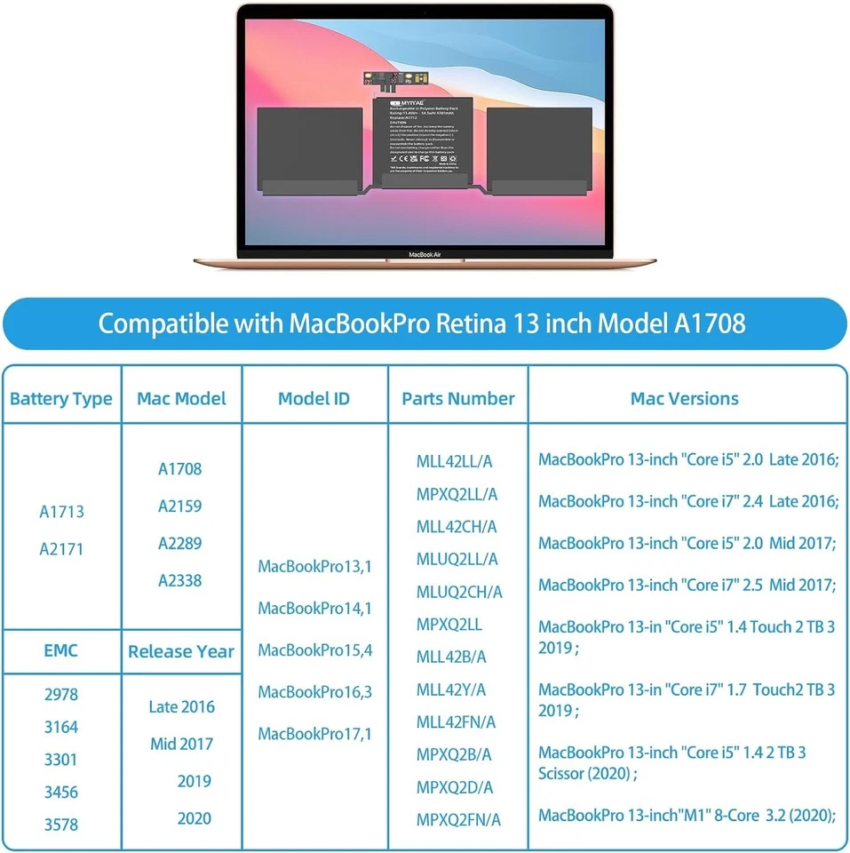 A1708 A1713 Battery for Apple MacBook Pro 13inch A1708 Late 2016/ 2017 EMC 3164 - Image 2 of 4