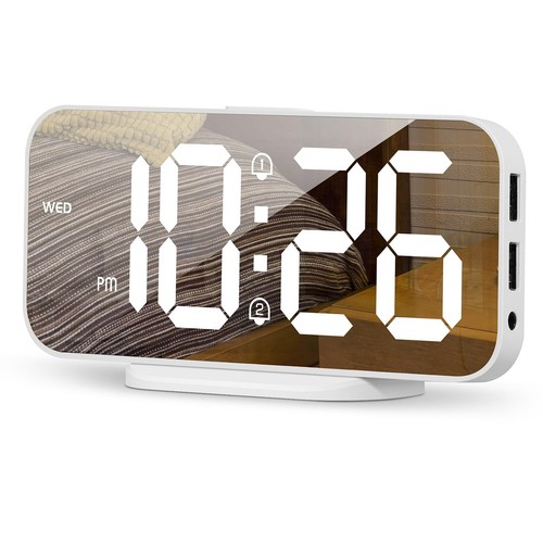 Digital Alarm Clock for Bedroom,6.7" LED Clock Mirror Surface with 2 USB Char...