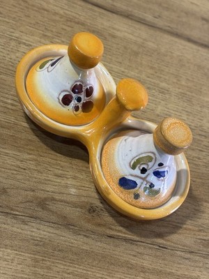 Moroccan Mini Dbl Spice/S&P Holder Hand Painted Tagine Ceramic w/Lids Signed