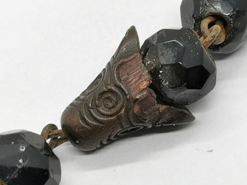 Vtg c1900 Steel Bead, Carved Wood & Black Jet Mourning Pocket Watch Albert Chain - Picture 9 of 12
