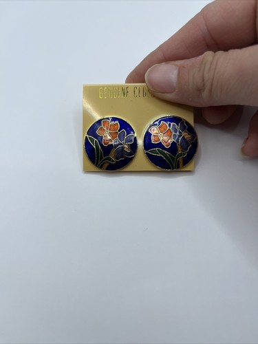Vintage Cloisonné Enamel Clip-on Earrings - Floral Blue And Red - New Old Stock - Picture 6 of 6
