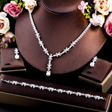 Silver Plated Leaf Flower Cubic Zircon Pearl Drop Wedding Banquet CZ Jewelry Set