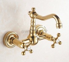 Gold Color Brass Wall Mounted Bathroom Kitchen Sink Faucet Dual Handle Mixer Tap