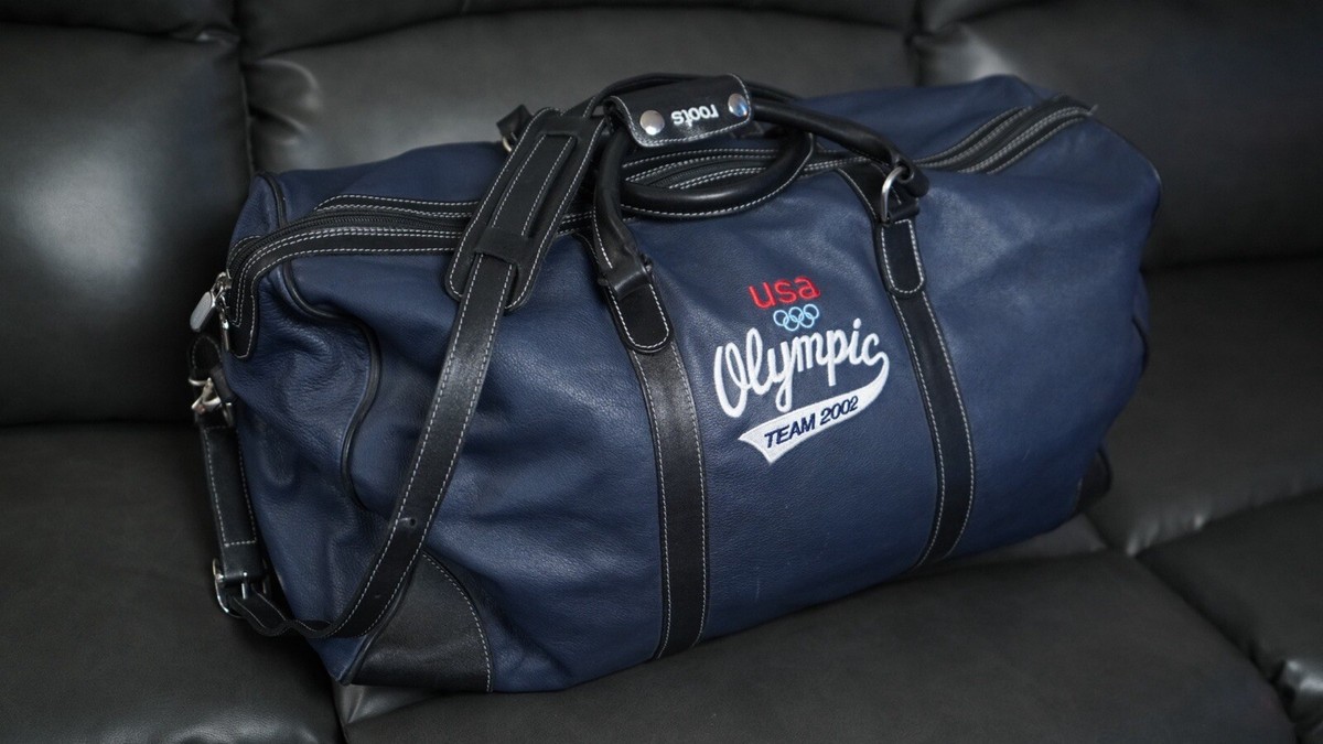 2002 USA Olmypic Team Roots Blue Navy Large Leather Duffle Bag