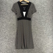 New Connected Apparel Dress Women 6 Black Geometric Sheath Midi V-Neck Belted
