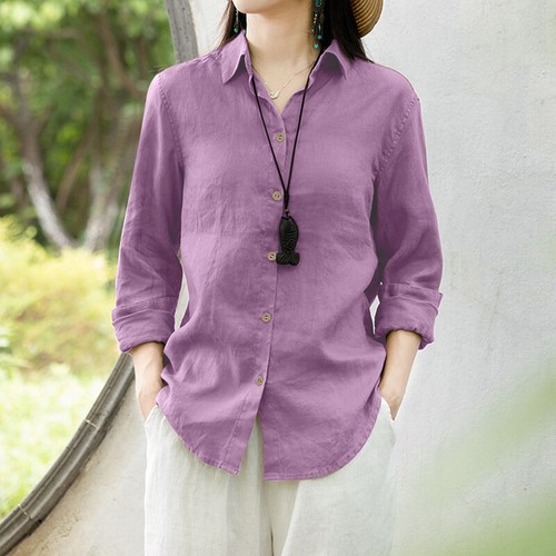Damen Baumwolle Langarm T-Shirt Damen lässig lose Bluse Button Down Tops Tee - Bild 9 von 17