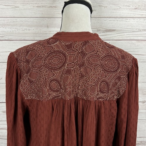 Free People Canyon Rose Button Down Top Blouse Size Medium Brown Red Hi-Low - Picture 8 of 11