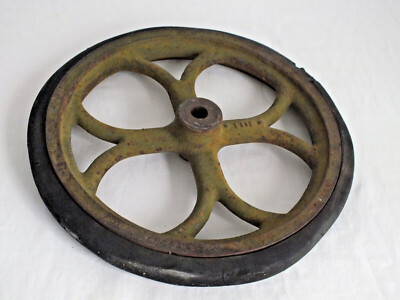 Antique cast iron CART Wagon 11'' WHEEL RIM 12'' w/Hard RUBBER TIRE still ON L112