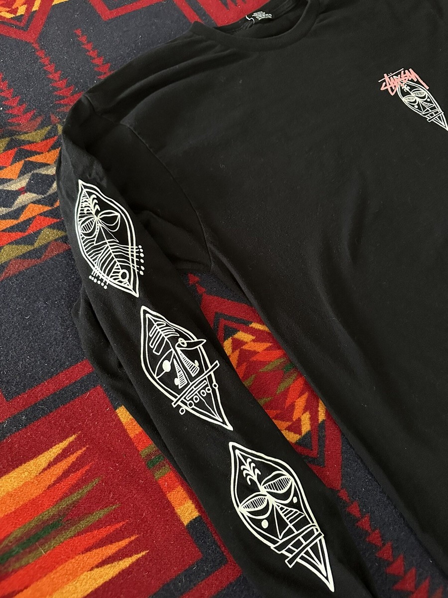Stussy Black Long Sleeve Tribal Mask Island Style Lightly Used