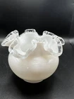 Vintage Fenton Milk  Glass Ruffled Silver Crest  Rose Bowl