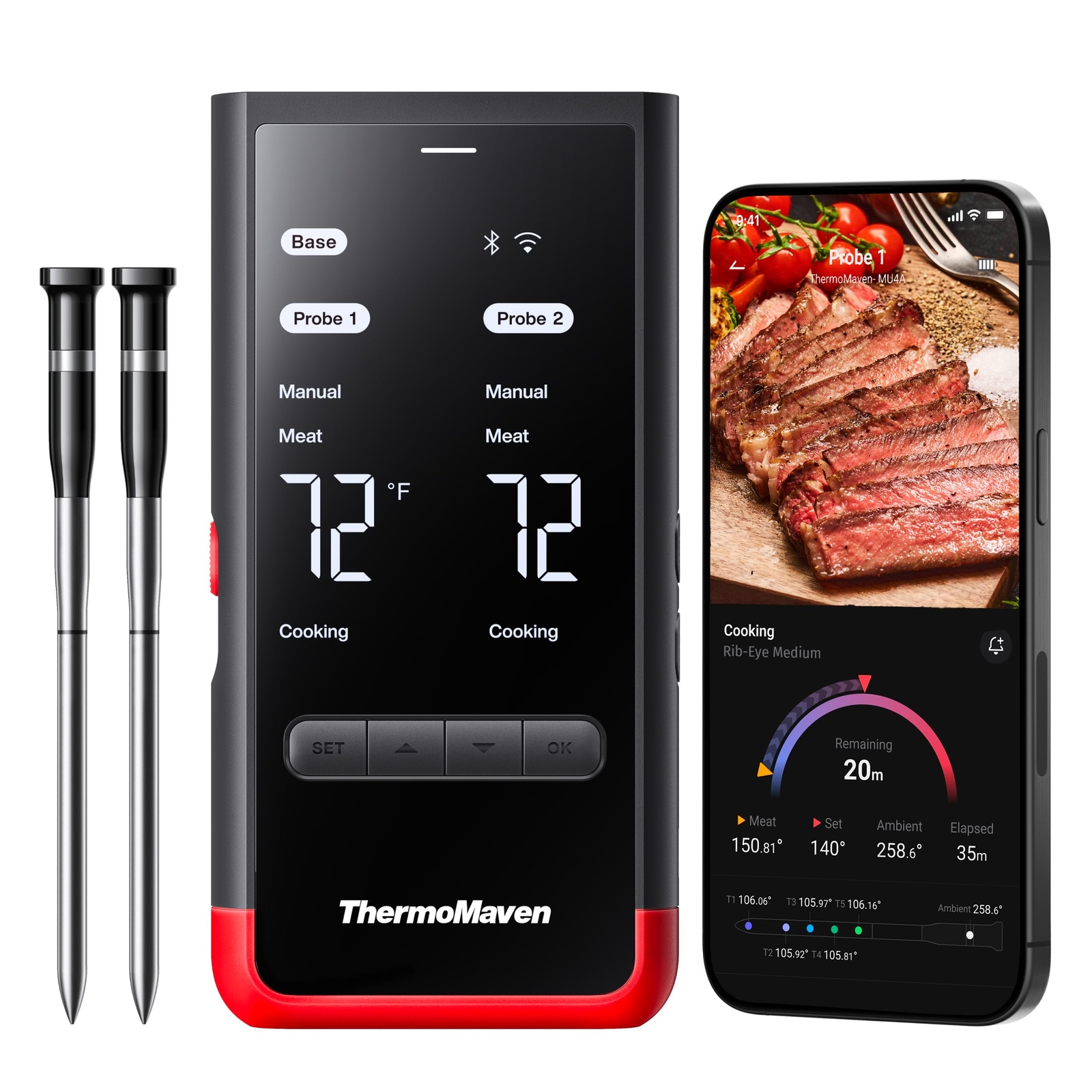 Wireless Bluetooth Smart Meat Thermometer: Standalone Base, WiFi Unlimited Ra...