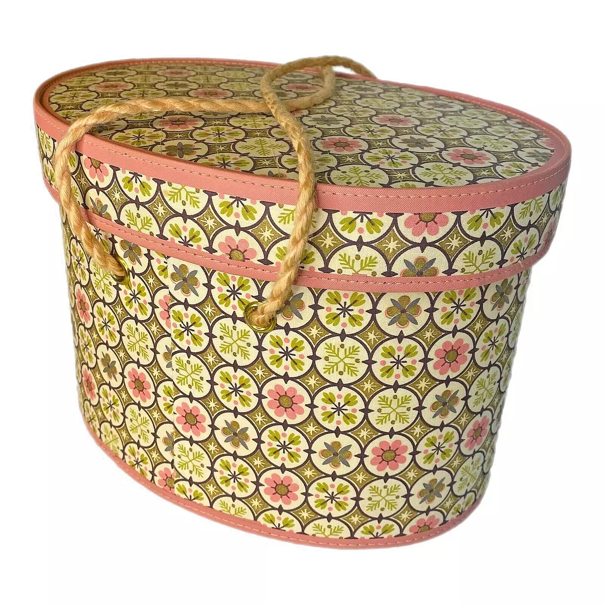 Hatbox Style Sewing Box Fabric Covered Rope Handles Vintage 1940 s
