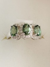 NEW GREEN APATITE W WHITE ZIRCON STERLING SILVER 3 STONE RING Size 11