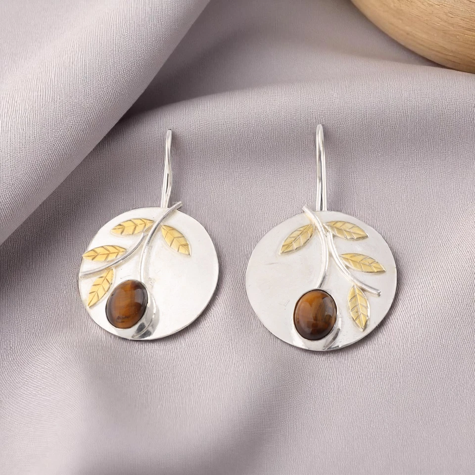 Pendiente de joyería hecho a mano de plata maciza 925 con piedras preciosas ojo de tigre amarillo para regalo Foto 4 de 4