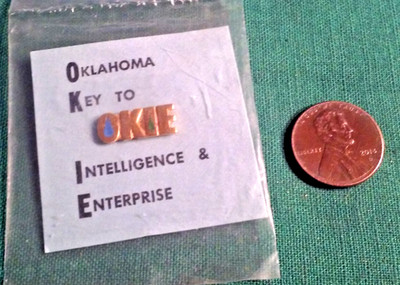 ''Oklahoma Key To Intelligence & Enterprise OKIE  Brooch Lapel/Hat Pin Gold-Tone