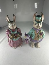 Vintage Pottery hand painted ceramic Easter bunny couple 11&rdquo; pink green purple
