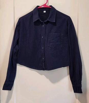 GU Uniqlo Sister Brand Navy Blue Crop Top Long Sleeve Shirt Womens Medium Cotton