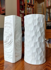 Vintage 2x Vase 20cm Bisquit Porzellan weiß matt KAISER + THOMAS 70er Op Art