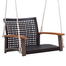 GYMAX Rattan Porch Swing with Wood Armrests Heavy-Duty Metal Frame