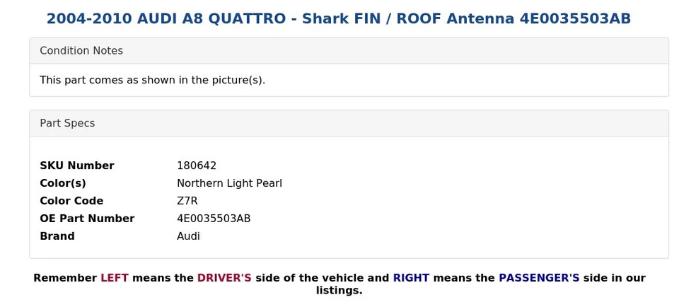 AUDI A8 QUATTRO 2004-2010 - Antena de techo/aleta de tiburón 4E0035503AB Foto 3 de 4